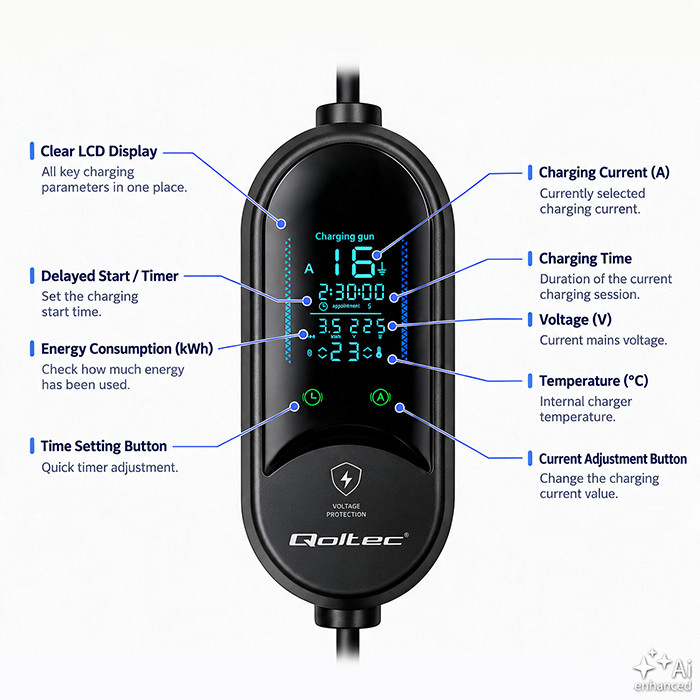 Qoltec Typ-2-EV-Ladegerät 53182 | 3.5kW | 230V | 16A | 5m | SCHUKO 16A