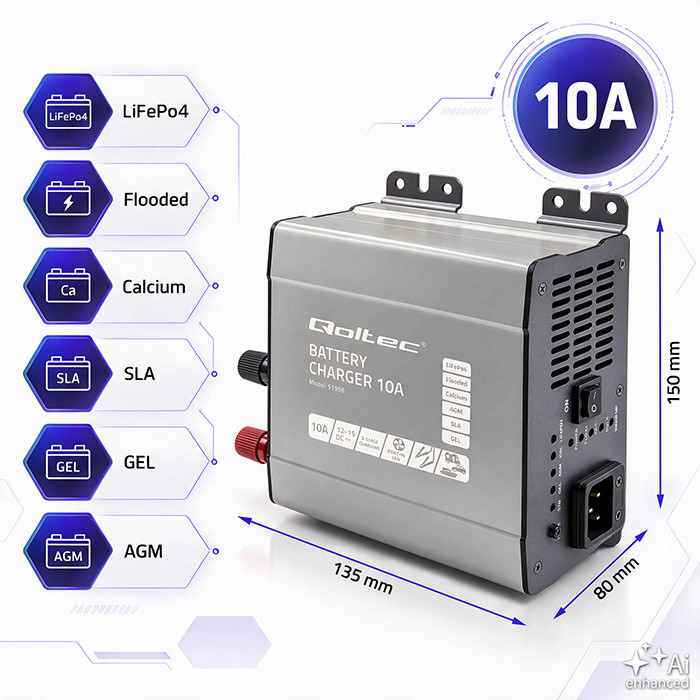 Qoltec Smart Monolith charger for LiFePO4 AGM GEL SLA batteries | 10A | 12V