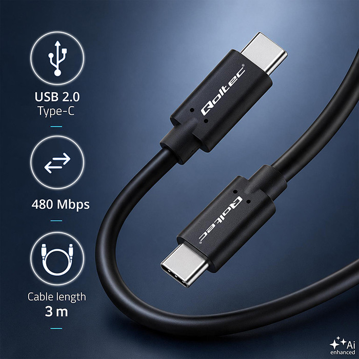 Qoltec USB-C-Kabel 52348 | 3m | Schwarz
