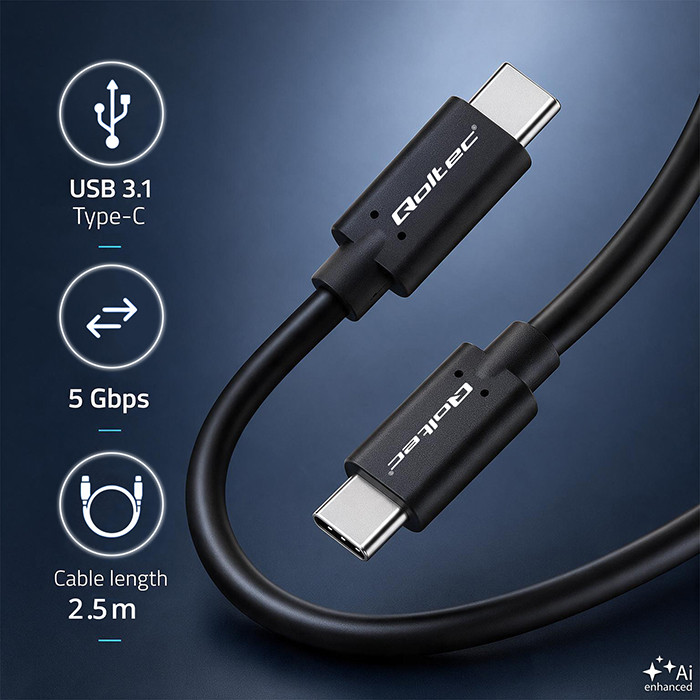 Qoltec USB-C-Kabel 52352 | 2.5m | Schwarz
