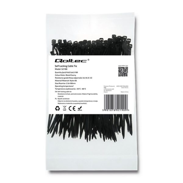 Qoltec Kabelbinder 52190 | 100mm | 2.5*100mm | 100 Stück. | Schwarz